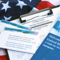 Permanent resident green card in envelope with application and guide for new immigrants lies on US flag close up