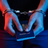 Arrested criminal hands with handcuffs holding passport