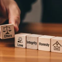 Hand stacking wooden blocks with virtues like ethics, love, integrity, honesty, respect