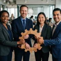 office-colleagues-presenting-a-wooden-cogwheel-as-a-symbol-of-teamwork-and-efficient-business-systems